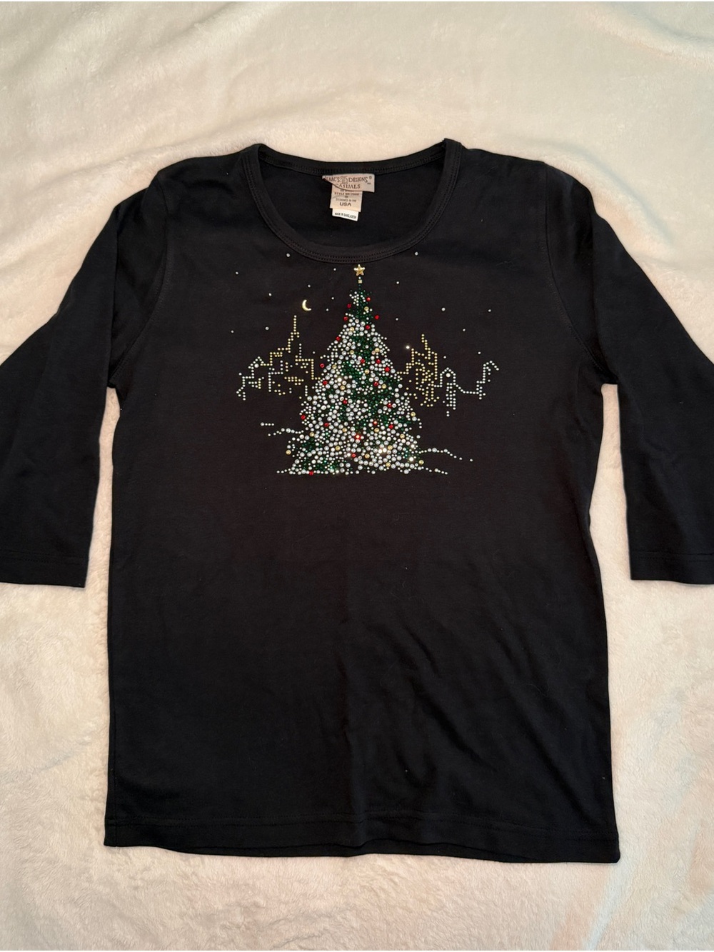 Sparkly Christmas Tree Sequin Bling Festive Grandmacore Black Crew Neck Size S